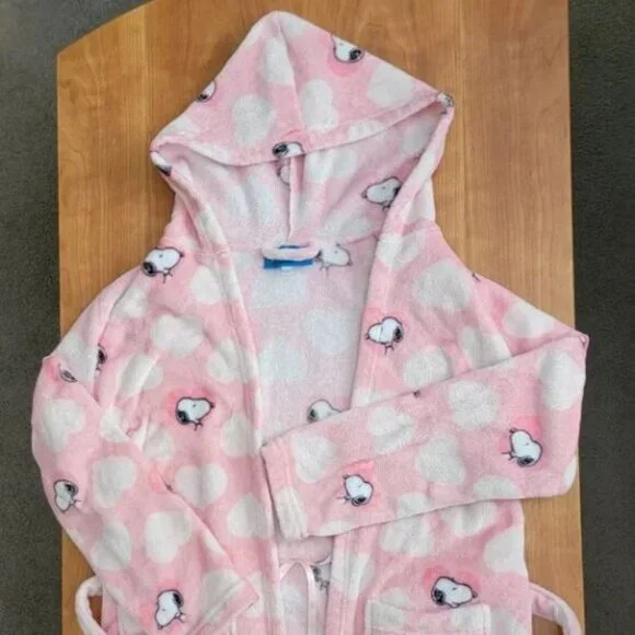 Soft Comfy Pink & White Peanuts Snoopy Bathrobe with Hood - S/M - Picture 3 of 7